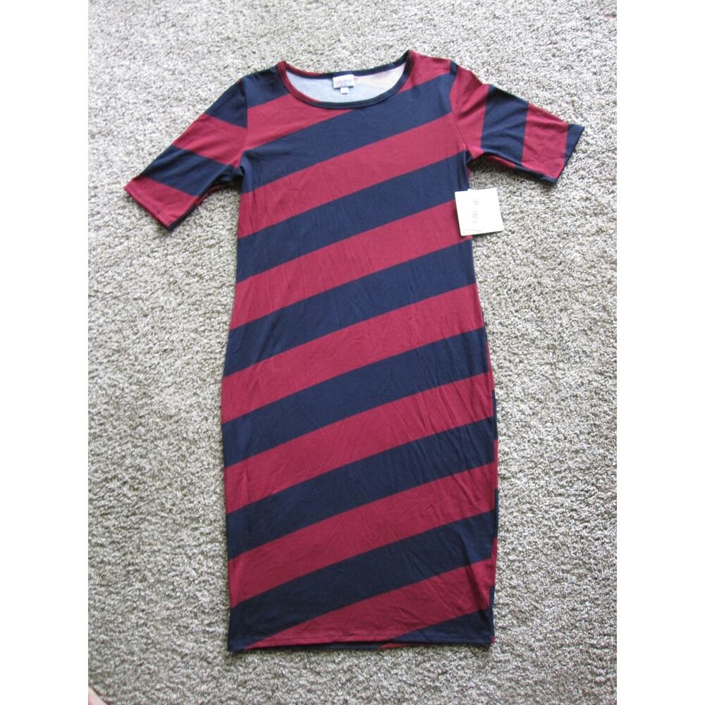 New LuLaRoe Julia Knee length Dress womans Medium Navy Blue & Burgandy Stripes!